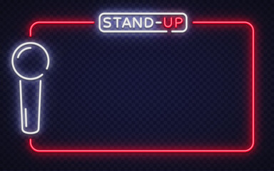 Neon vector frame with microphone icon and stand up sign. Perfect for comedy shows, event posters, and nightclub announcements.