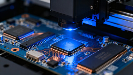High-Resolution Close-Up Image of Electronic Circuit Board with Blue Light Focus