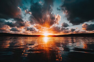 Vibrant sunset over water with dramatic sunrays and cloudscape