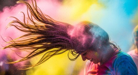 Woman with colorful powder flying hair Holi festival.