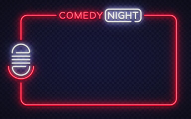 Glowing neon vector frame with comedy night lettering and microphone symbol. Designed for humor events, stage banners, and entertainment marketing.