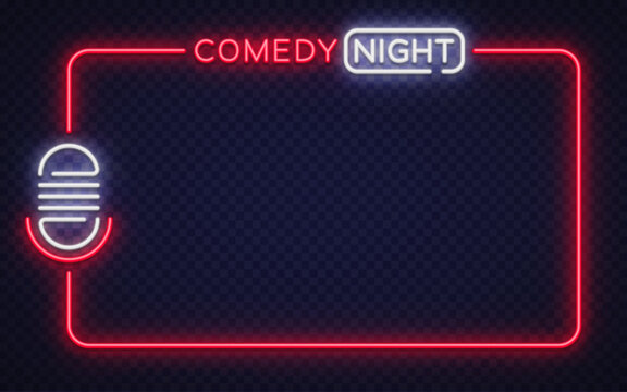 Glowing neon vector frame with comedy night lettering and microphone symbol. Designed for humor events, stage banners, and entertainment marketing. - Powered by Adobe