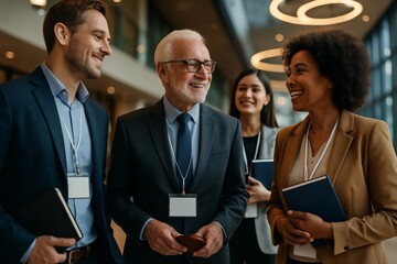 Smiling diverse business professionals wearing conference badges networking in modern hallway, senior executive chatting with younger colleagues during corporate event.