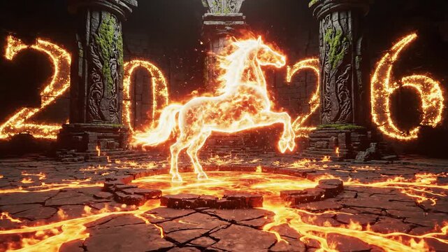 Celebrating Lunar New Year 2026 Horse Shio with Vibrant Fireworks and a Majestic Horse in a Traditional Temple Grounds during Nighttime