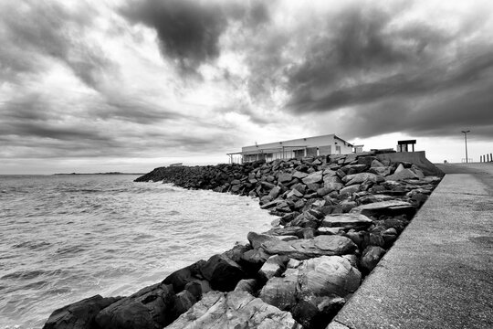 Slipway and riprap in Blainville-sur-Mer coast