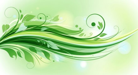 Green Floral Swirl Background with Leaves.