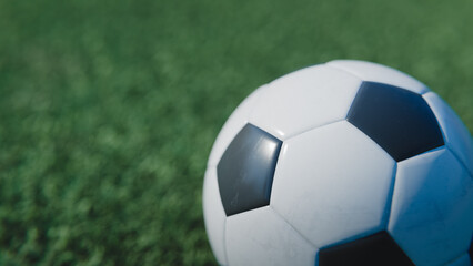 Obraz premium Close up Footballl on green grass pitch. 3d rendering