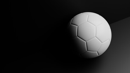 White football ball in dark studio copy space. 3d rendering