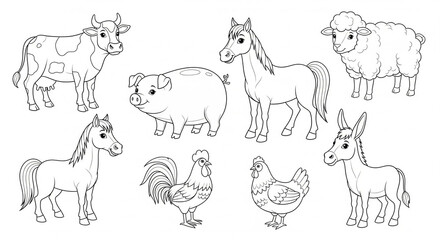 Farm animals cartoon coloring book line art vector collection isolated on white background