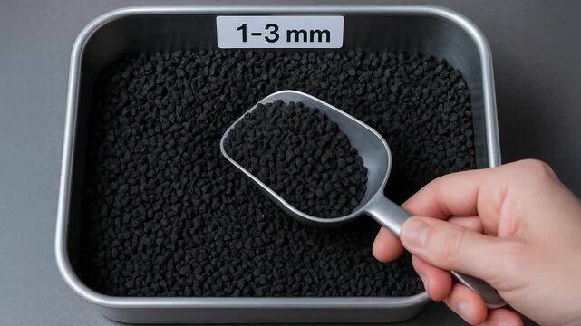 Rubber granule black scoop in metal tray used for manufacturing industrial material production and handling in precise granule size processes