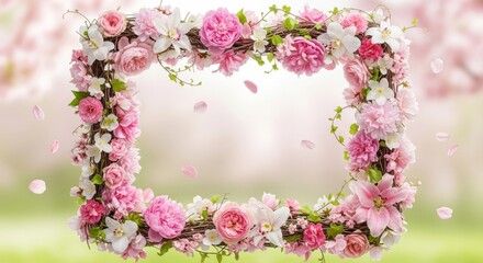 Pink flowers square frame on green background.