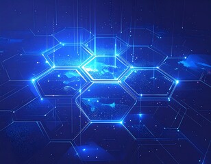 Futuristic digital hexagon grid overlaying glowing blue, abstract background
