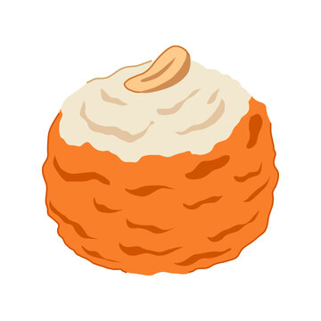 Round traditional indian sweet ladoo featuring a distinctive texture and topped with a single cashew nut, representing festive celebrations and delicious dessert treats