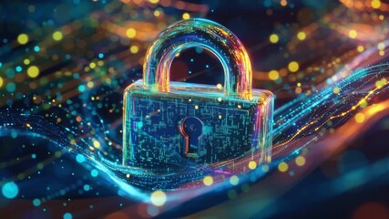 Digital Fortress: A radiant depiction of a digital lock, symbolizing online security, is enshrouded by dynamic data streams and a constellation of light particles. - Powered by Adobe