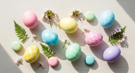 Colorful Easter eggs with flowers on white background.