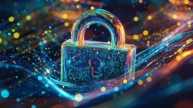 Digital Fortress: A radiant depiction of a digital lock, symbolizing online security, is enshrouded by dynamic data streams and a constellation of light particles.
