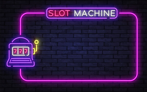 Bright neon vector frame with slot machine icon and glowing jackpot style elements. Ideal for casino banners, gambling ads, and retro nightlife designs.