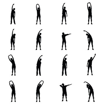 Silhouette series demonstrating various stretching exercises for fitness and flexibility