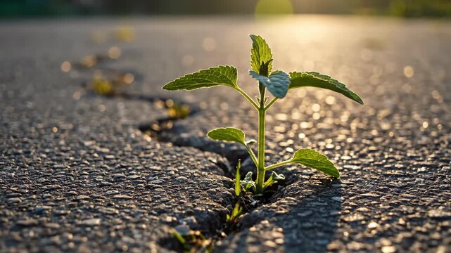 A small green plant growing through a crack in the asphalt road. A symbol of hope, resilience, and new life. The concept of strength and persistence