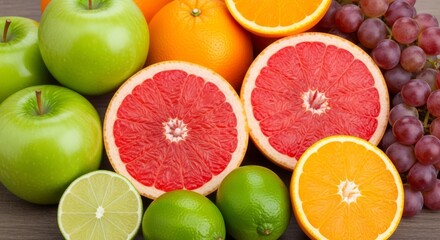 Assorted fresh fruits including grapefruit orange lime apples and grapes.