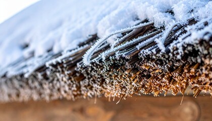 Macro Photography of Frost Crystals on the Edge of an Aged Thatched Roof in Winter