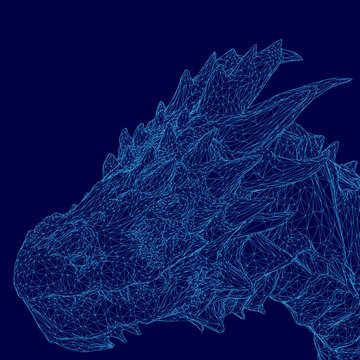 A low polygonal blue dragon head with a wireframe design of intricate lines and shapes on a dark blue background.
