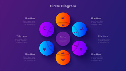 6 Steps Circle Diagram Presentation Template with Six Step Process Options on Dark Background Vector