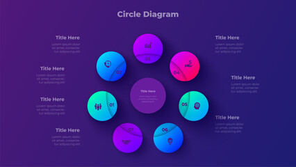 7 Steps Circle Diagram Presentation Template with Seven Step Process Options on Dark Background Vector