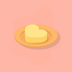 Valentine butter pat illustration. Heart shaped butter form. Flat warm plate detail. Smooth edges with gentle shading. Cozy romantic food theme.