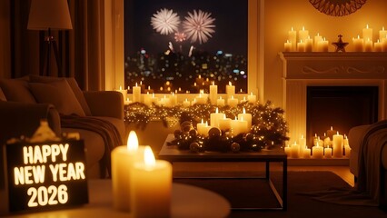 Cozy new year 2026 celebration with candles and fireworks