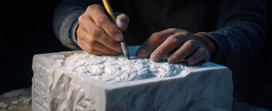 A sculptor dances with a chisel transforming a white marble block into a masterpiece.