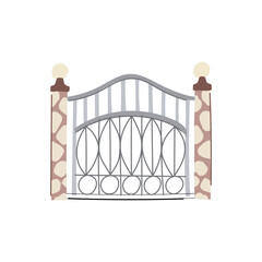 Naklejka premium Decorative metal gate featuring an arched top and ornate scrollwork between two sturdy stone pillars with spherical caps, representing security and entrance