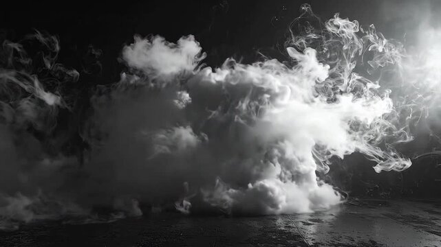 Abstract Atmospheric Composition White Smoke Cloud Forming on Dark Background Illuminated by Light Source