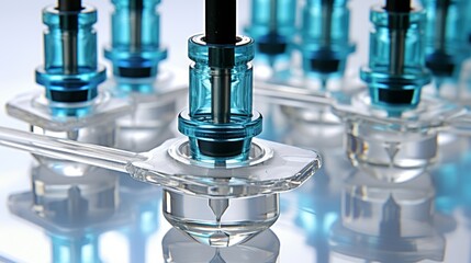 Close up of a pipette dispensing pale blue liquid into a multiwell microplate in a lab