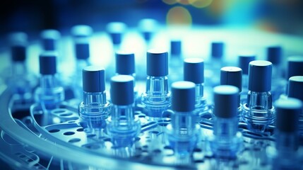 Close up of a modern biomedical lab  pipette dispensing blue liquid into microplate well