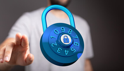 Hand reaching out to touch a blue padlock, a visual metaphor for digital security and data protection. Concept
