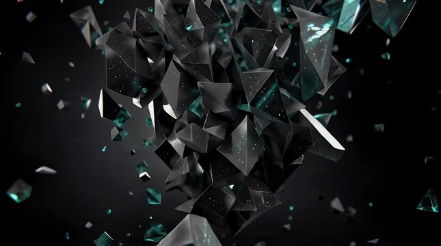 Abstract dark crystal cluster with scattered shards and subtle teal highlights against a black background futuristic technology data visualization or luxury design concept