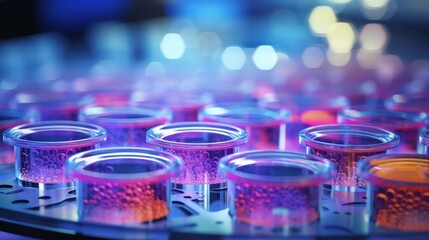 Close up of clinical lab diagnostics with gloved hand holding colorful test tubes in lab setting