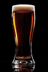 Craft Amber Beer Served In A Tall Glass With Perfect Foam Head Against A Black Background