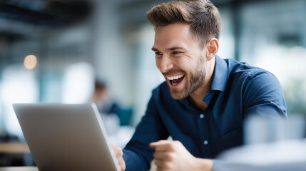 Faceless excited business analyst using laptop computer, enthusiastic data professional, animated intelligence worker, engaged analytics specialist, defocused person with device, with copy space