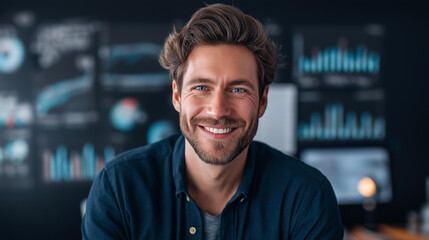 Faceless smiling man in blue in front of charts, happy analyst professional, positive business intelligence worker, satisfied data professional, defocused face with dashboard backdrop, with copy