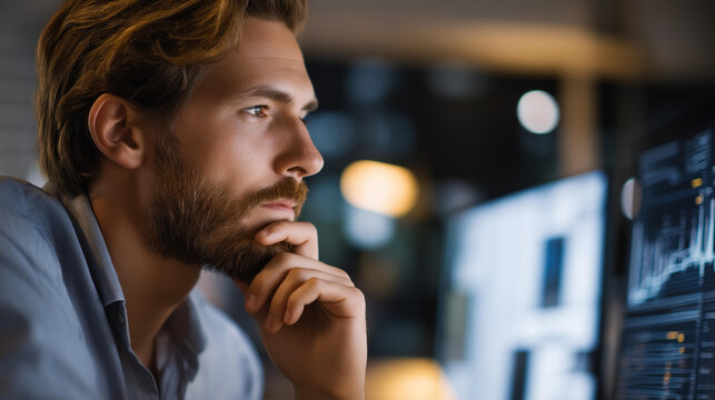 Faceless thoughtful man analyzing data on computer screens, contemplative analyst professional, focused business intelligence worker, concentrated data reviewer, defocused person reviewing, with - Powered by Adobe