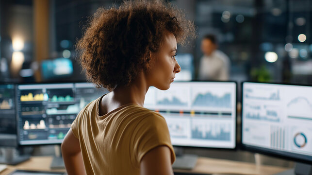 Faceless woman with curly hair observes multiple data analysis screens showcasing various graphs and charts, multi-monitor analytics, business intelligence review, defocused person viewing, with - Powered by Adobe