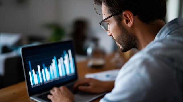 Faceless man sitting at table with laptop open looking at graph on screen, graph displays data in bar chart format with bars varying in length, analytics review, defocused person, with copy space - Powered by Adobe