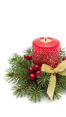 Red Candle Arranged with Evergreen Sprigs and Berries for Festive Decor.