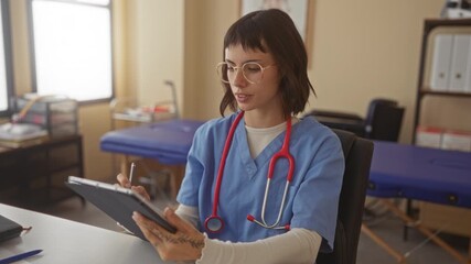 Woman doctor in blue scrubs with red stethoscope writes on digital tablet at desk inside clinic building; compassion. - Powered by Adobe