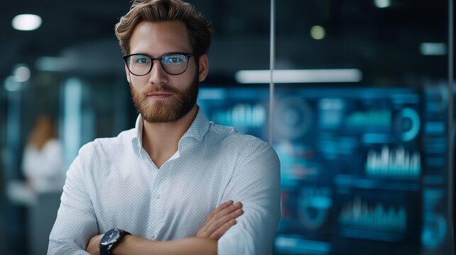 Faceless confident man in glasses arms crossed in front of data screens with graphs and charts, professional analyst posture, business intelligence presence, defocused person, with copy space - Powered by Adobe