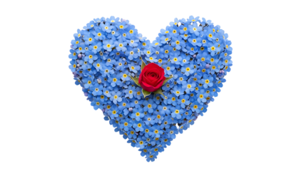 A beautiful heart shape crafted from forget me not flowers with a single red rose on transparent.