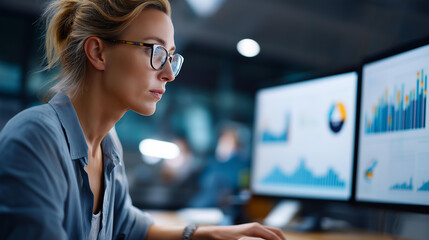Faceless woman analyzing data on multiple screens in modern office, focusing on charts and graphs for business insights, multi-monitor analytics work, defocused person reviewing, with copy space
