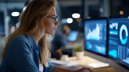 Faceless woman analyzing data on multiple screens in modern office, focusing on charts and graphs for business insights, multi-monitor analytics work, defocused person reviewing, with copy space